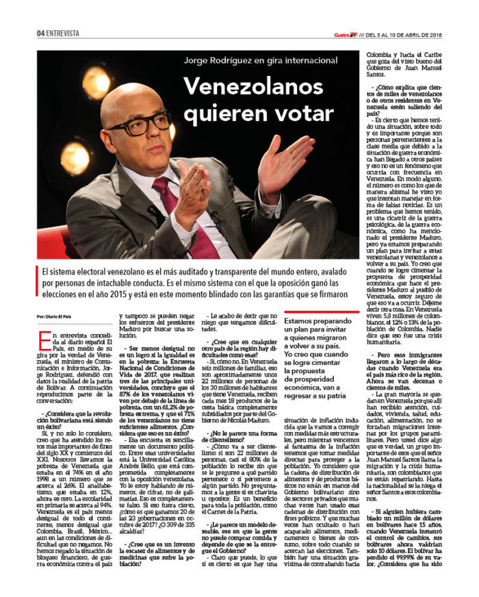 Jorge Rodríguez al diario El País: Hay una intención de voto que supera el 70% 2 CUATRO 163_4