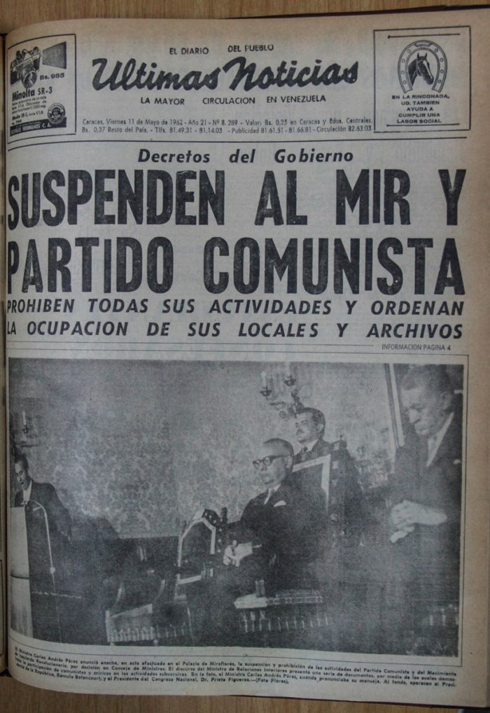 Leyenda: Publicación del impreso Últimas Noticias prohibiendo actos PCV en 1962.