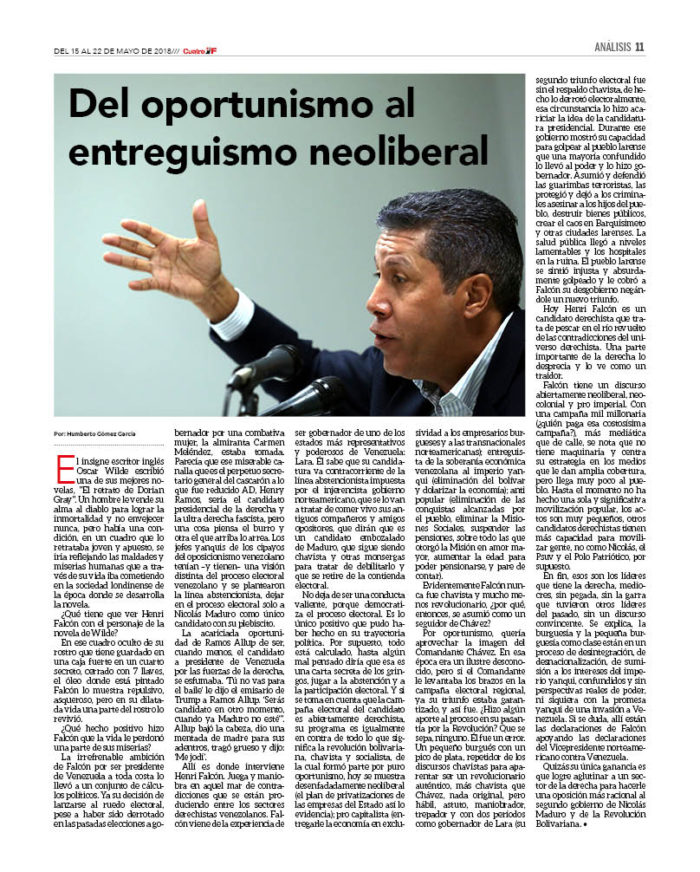 Falcón, del oportunismo pseudo chavista al entreguismo neoliberal y colonialista 2 Cuatro F 169_11