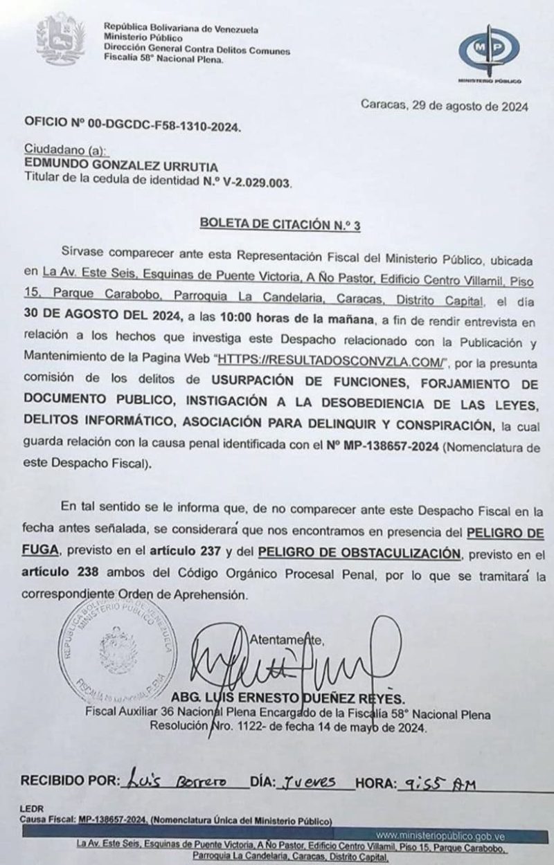 Ministerio público emite tercera citación a Edmundo González