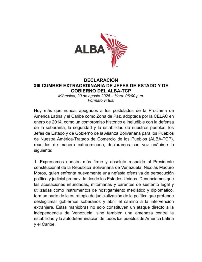 ALBA-TCP se pronuncia en defensa de Venezuela y contra intervencionismo en la región 2 img 20250821 142319 7185588604157618981275