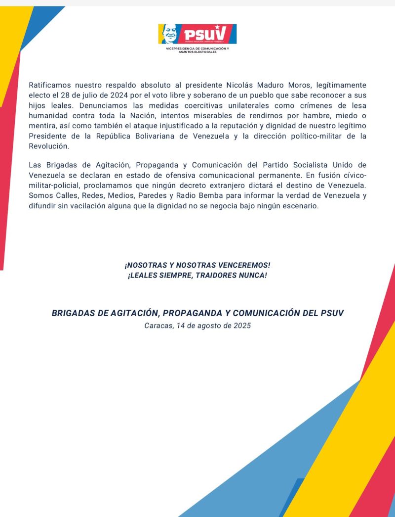 Brigadas de Agitación, Propaganda y Comunicación del PSUV ratifican apoyo absoluto al presidente Nicolás Maduro 3 screenshot 2025 08 14 12 39 35 373 com420634881010020059