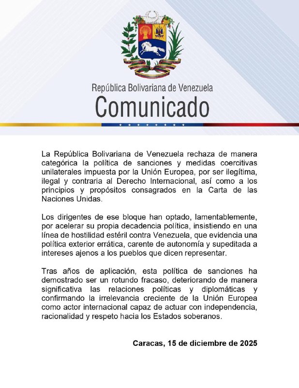 Venezuela rechaza categóricamente las sanciones de la Unión Europea y las califica de ilegítimas 2 5044134232833329993