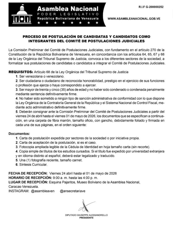 ¡Atención! AN abre proceso de recepción de candidaturas para el Comité de Postulaciones Judiciales 2 AN 600x840 1