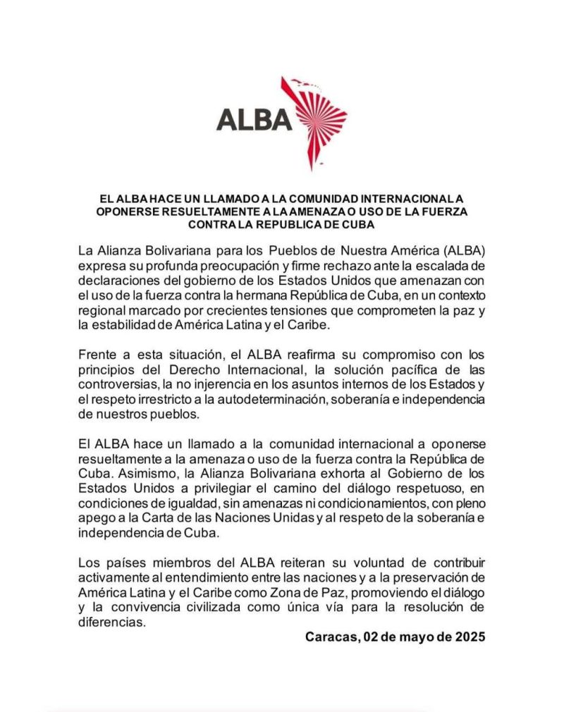 (+Comunicado) ALBA-TCP alerta que amenazas de fuerza contra Cuba comprometen la paz regional 2 IMG 20260503 085000 943