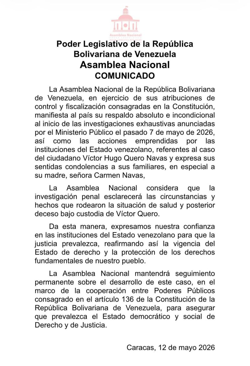 (+Comunicado) AN respalda investigaciones del Ministerio Público sobre el caso de Víctor Quero Navas 2 IMG 20260512 140356 059