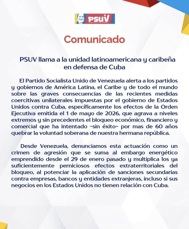 PSUV alerta sobre escalada agresiva contra Cuba y convoca a la unidad internacional en defensa de la isla (Comunicado) 2 IMG 6516 1